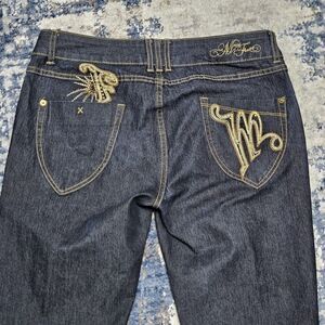 Mecca Femme Jeans Women's 11/12 (34x32.5) Blue Embroidered Slim Low-Rise EUC